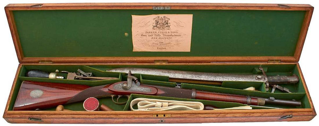 A FINE CASED .577 CALIBRE PERCUSSION PRESENTATION ARTILLERY CARBINE BY PARKER FIELD & SONS, (1 of 20)