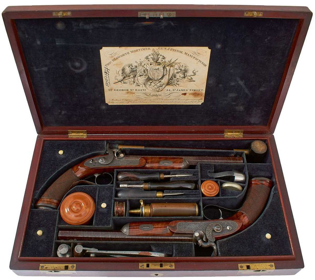 A GOOD CASED PAIR OF PERCUSSION DUELLING PISTOLS BY THOMAS ELSWORTH MORTIMER, (1 of 20)