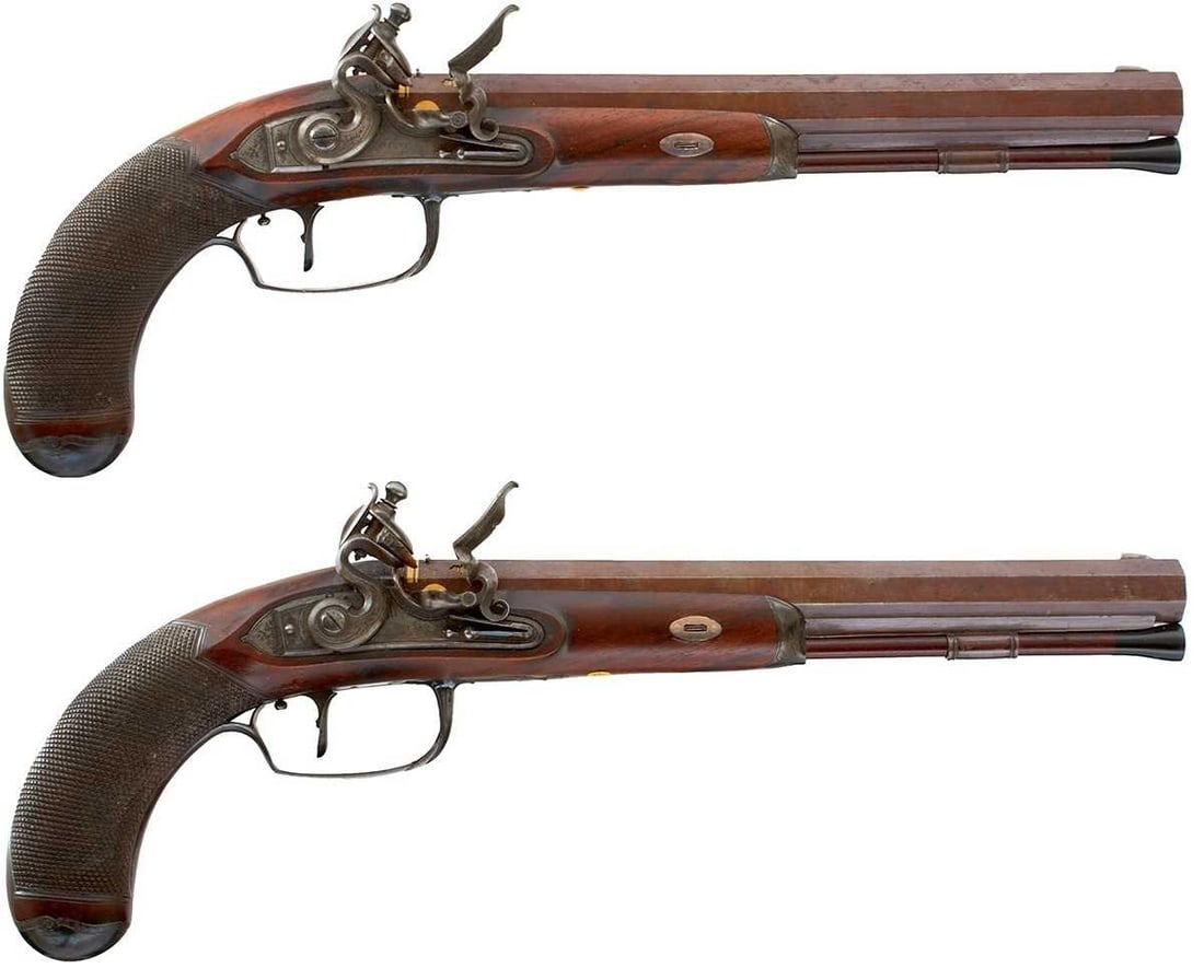 A FINE PAIR OF 30-BORE FLINTLOCK DUELLING PISTOLS BY DURS EGG, (1 of 20)