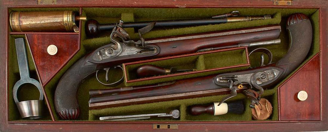 A CASED PAIR OF FLINTLOCK DUELLING PISTOLS BY H. W. MORTIMER, (1 of 20)