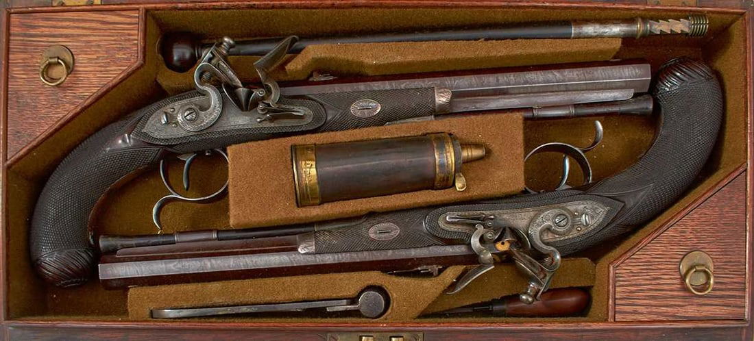 A FINE QUALITY CASED PAIR OF 22-BORE FLINTLOCK DUELLING PISTOLS BY H. W. MORTIMER, (1 of 20)