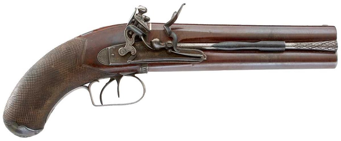 A 16-BORE FLINTLOCK OVER AND UNDER OFFICER'S PISTOL BY TATHAM, (1 of 20)