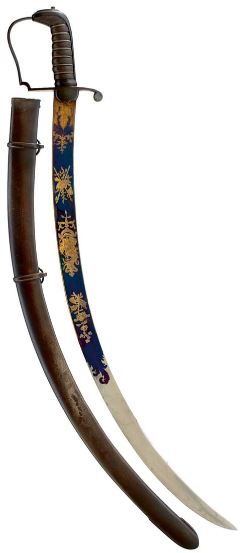 A GEORGIAN LIGHT COMPANY OFFICER'S SABRE OR SWORD,: 69cm sharply curved blade decorated with stands of arms, flowers of the Union, crowned GR cypher and crowned Royal arms, all highlighted in gilt on a blued ground, regulation steel stirrup hilt, wire