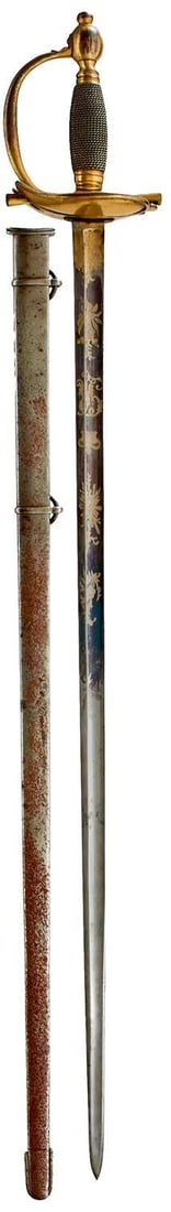 A 1796 PATTERN HEAVY CAVALRY OFFICER'S DRESS SWORD,: 81cm fullered blade decorated with scrolling foliage, stands of arms, crowned GR cypher and crowned Royal arms, all highlighted in gilt on a faded blued ground, regulation gilt hilt with boat-shell