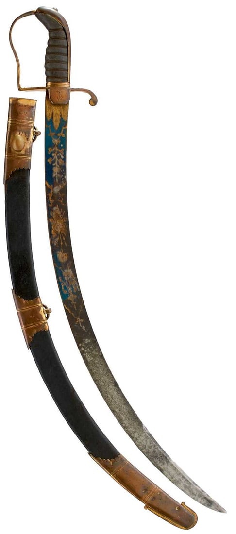 A GEORGIAN NAVAL OFFICER'S FIGHTING SWORD,: 66cm sharply curved blade etched with scrolling foliage, a stand of arms, crossed Union flags, crowned GR cypher and floral sprays, all highlighted in gilt on a blued ground, regulation copper gilt