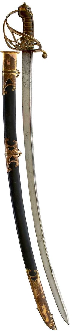 AN 1822 PATTERN INFANTRY OFFICER'S SWORD PROBABLY FOR THE EAST INDIA COMPANY,: 83.5cm curved pipe-backed blade with spear point, traces of etched damascus pattern and panels of talismanic script on either side, regulation copper gilt gothic hilt incorporating a crowned WIVR