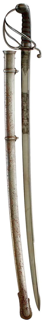 AN 1821 PATTERN LIGHT CAVALRY OFFICER'S SWORD,: 90cm pipe backed blade with spear point by Hawkes, Moseley & Sons of London, etched with laurel wreaths and crowned VR cyphers, regulation three-bar hilt, wire bound fishskin grip, in its steel