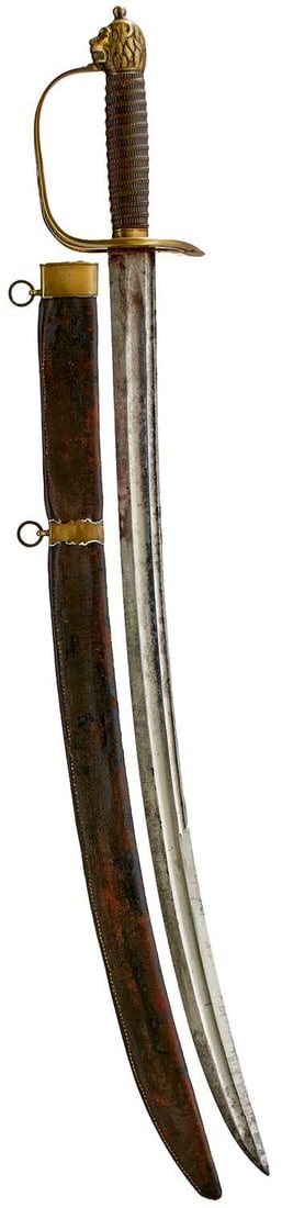 A RARE LATE 18TH CENTURY GEORGIAN NAVAL OFFICER'S HANGER,: 64.25cm double fullered curved blade, characteristic slotted brass hilt, one side of the lower guard decorated with a fouled anchor, the D-shaped knuckle guard pierced to match with a fouled anchor,