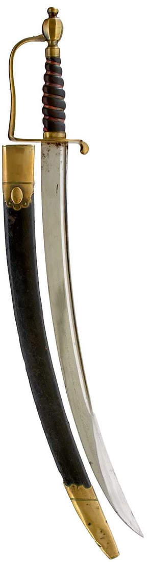 A SCARCE GEORGIAN OFFICER'S HANGER WITH DEAKIN'S PATENT SCABBARD,: 45.5cm sharply curved clean fullered blade, characteristic brass hilt with narrow heart-shaped lower guard, D-shaped knuckle bow and faceted urn-shaped pommel, copper ribbon bound wooden grip, in its