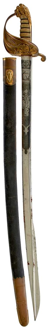 AN 1827 PATTERN NAVAL OFFICER'S SWORD,: 79.5cm broad pipe backed blade with spear point by P & R Firmin, etched with crowned Royal arms, crowned fouled anchor, scrolling foliage and a maker's panel, regulation copper gilt gothic hilt