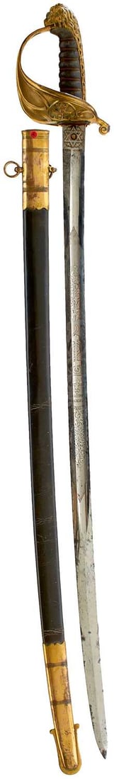 A SCARCE CRIMEAN WAR PERIOD ROYAL NAVAL DOCKYARD BATTALION OFFICER'S SWORD,: 79cm curved fullered blade finely etched with scrolling foliage, crowned VR cypher, crowned fouled anchor and battalion title, maker's panel for Henry Wilkinson, regulation copper gilt gothic hilt