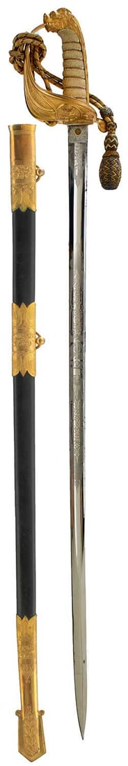 A GOOD VICTORIAN ROYAL NAVAL FLAG OFFICER'S SWORD,: 80cm clean blade etched with scrolling foliage, crowned Royal arms and crowned fouled anchor, maker's panel for Thurkle, regulation gilt gothic hilt incorporating a crowned fouled anchor, folding