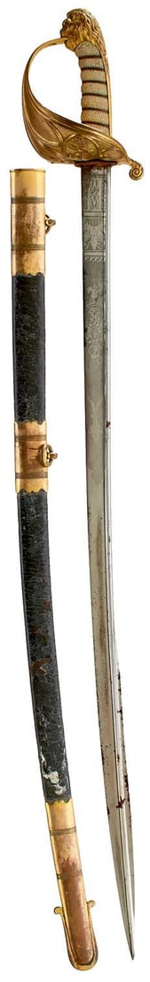AN 1827 PATTERN NAVAL OFFICER'S SWORD,: 74cm pipe backed blade with spear point etched with foliage, crowned Royal arms and crowned fouled anchor, regulation gilt gothic hilt incorporating a crowned fouled anchor, folding side guard,