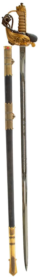 A ROYAL NAVAL OFFICER'S SWORD,: 80.5cm fullered blade by Gieves Ltd, etched with scrolling foliage, crowned GVIR cypher, crowned fouled anchor and maker's panel, engraved with a presentation inscription, PRESENTED BY MARTINS BANK