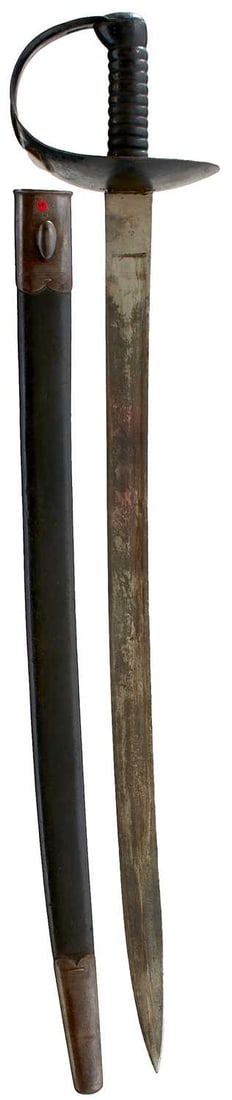 AN 1845 PATTERN NAVAL CUTLASS,: 68.5cm curved blade with various War Department stamps and dated 1888, sharpened for use, regulation black painted steel bowl guard applied with a copper lozenge with the rack number 2, black painted