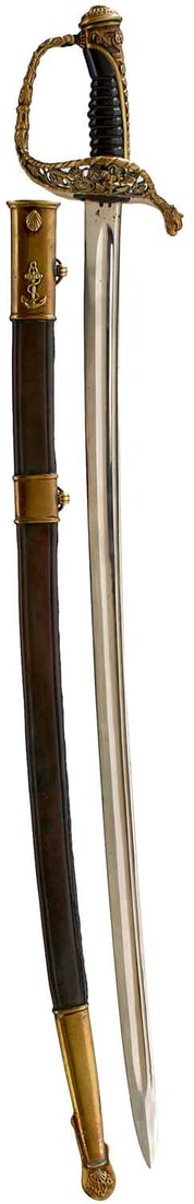 A FRENCH MODEL 1854 NAVAL OFFICER'S SWORD,: 69.25cm clean fullered blade stamped with Inspector's marks at the forte and Coulaux & Co Klingenthal on the back edge, regulation brass hilt pierced with scrolling vines and an anchor within a