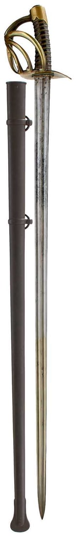 A WATERLOO PERIOD FRENCH CUIRASSIER'S SWORD,: 95cm double fullered blade with spear tip, various arsenal and Inspector's stamps to the forte and marked Mfre Imple Du Klingenthal Septembre 1813 on the back edge, regulation four-bar brass hilt