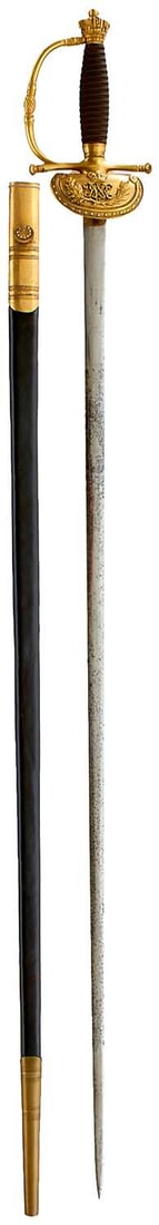 A WILLIAM IV COURT SWORD,: 80cm flattened diamond section blade etched with a crowned WIVR cypher and a laurel wreath in a panel on either side, regulation gilt hilt, the downturned shell guard applied with a crowned WIVR