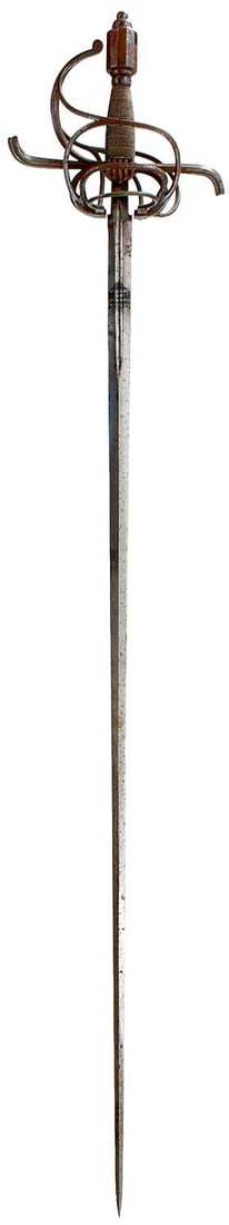 A GOOD VICTORIAN COPY OF A 17TH CENTURY RAPIER BY PILLIN,: 106cm flattened diamond section fullered blade etched with a shield-shaped maker's panel, characteristic swept hilt with fluted flared square section recurved quillons, two concentric looping