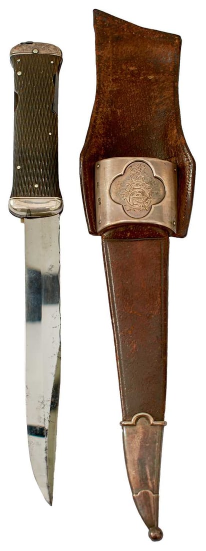 A VICTORIAN HALLMARKED SILVER FOLDING CAMPAIGN BOWIE KNIFE BY THORNHILL,: 28cm clipped back blade with finely faceted back edge, the forte stamped with VR flanking a crown and THORNHILL LONDON, silver mounted grip with two-piece chequered horn scales, integral scissors,