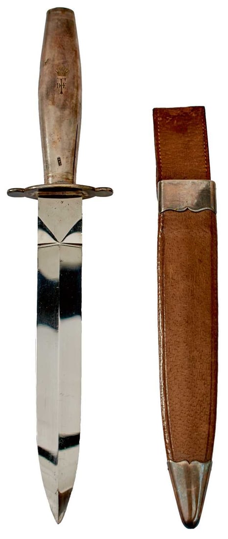 OF BOER WAR INTEREST - A VICTORIAN HALLMARKED SILVER BOWIE OR FIGHTING KNIFE BY THORNHILL,: 18.75cm flattened diamond section blade stamped with VR flanking a crown and THORNHILL & CO. LONDON, slender silver grip hallmarked London 1900 and with the maker?s mark JNB and engraved with a