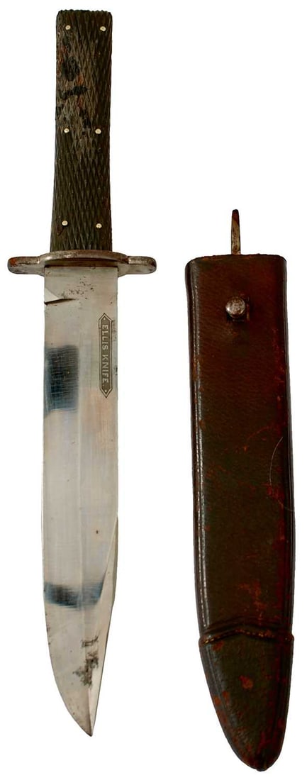 A GOOD VICTORIAN ELLIS KNIFE BY THORNHILL,: 19.5cm clipped back blade with good polish, some grey staining, the forte stamped with VR flanking a crown and THORNHILL LONDON, further etched ELLIS KNIFE, shaped steel crossguard, two-piece riveted