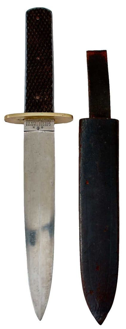 A GOOD BOWIE KNIFE BY JOSEPH RODGERS & SONS,: 17.5cm flattened diamond section blade with spear tip with good polish stamped J. RODGERS & SONS NO.6 NORFOLK ST SHEFFIELD ENGLAND at the forte, shaped nickel crossguard, two-piece riveted chequer