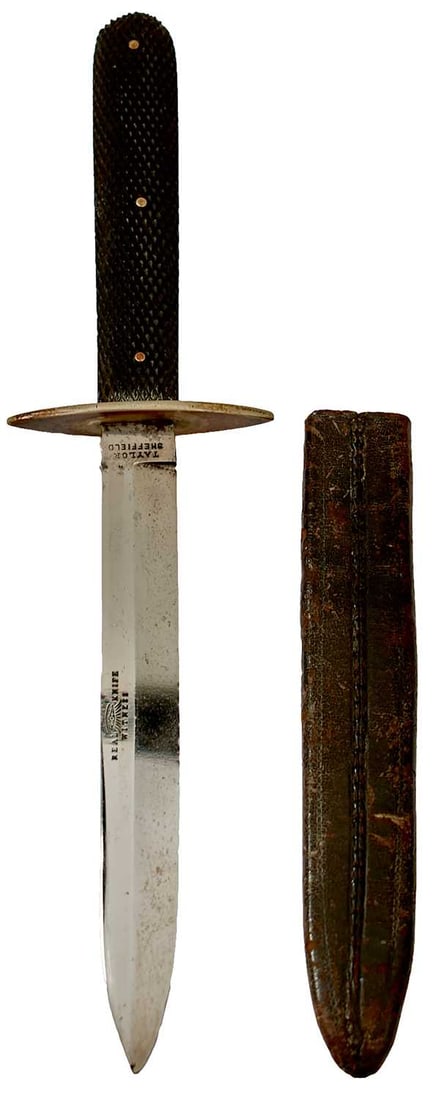 A BOWIE KNIFE BY TAYLOR,: 16cm flattened diamond section blade with spear tip with good polish stamped TAYLOR SHEFFIELD at the forte and REAL WITNESS KNIFE, shaped nickel crossguard, two-piece riveted chequered wooden grips, i