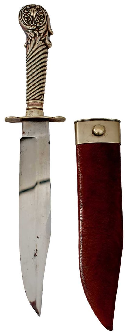 A VICTORIAN CUTLERY HILTED BOWIE KNIFE,: 17.5cm clean clipped back blade with no maker?s marks, shaped nickel crossguard, characteristic nickel cutler handled hilt in its leather wrapped wooden sheath with nickel throat. Good polish with som