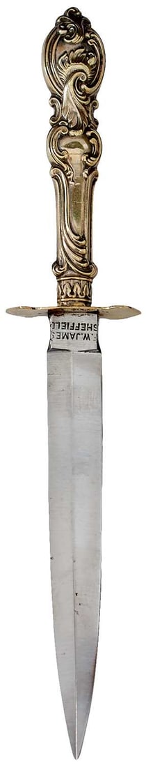 A FREDERICK WALTER JAMES CUTLERY HANDLE BOWIE KNIFE,: 15.5cm flattened diamond section blade with good crossgrain and stamped F. W. JAMES SHEFFIELD at the forte, characteristic embossed white metal hilt.