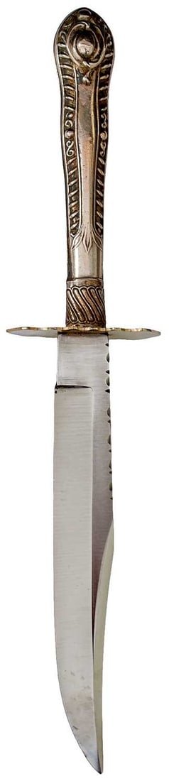A FREDERICK WALTER JAMES CUTLERY HANDLE BOWIE KNIFE,: 12.75cm faceted clipped back blade with good crossgrain and stamped F. W. JAMES SHEFFIELD at the forte, characteristic embossed white metal hilt.