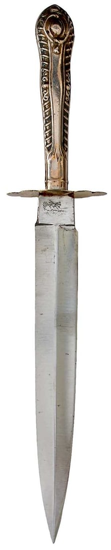 A FREDERICK WALTER JAMES CUTLERY HANDLE BOWIE KNIFE,: 15.5cm flattened diamond section blade with good crossgrain and stamped with a maker's mark at the forte, characteristic embossed white metal hilt.