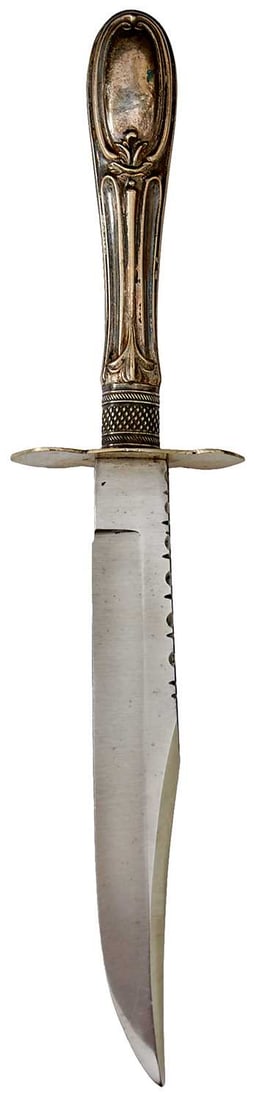 A FREDERICK WALTER JAMES CUTLERY HANDLE BOWIE KNIFE,: 12.75cm faceted clipped back blade with good crossgrain and stamped F. W. JAMES SHEFFIELD at the forte, characteristic embossed white metal hilt.