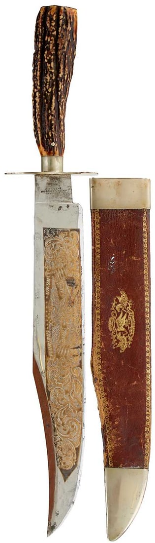 A LARGE 19TH CENTURY CENTURY AMERICAN INSPIRED GOLD FINDER BOWIE KNIFE BY NICHOLSON & SONS OF: 30.25cm clipped back blade with good original polish, etched with a panel of scrolling foliage surrounding an eagle, cannon and stars motif and the motto E. PLURIBUS UNUM PALO ALTO, the forte stamped