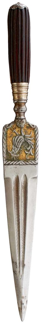 A 19TH CENTURY ITALIAN OR SARDINIAN DAGGER,: 21cm double fullered flattened diamond section blade decorated with a bird at the forte, characteristic white metal mounted hilt with reeded wooden grip, contained in its re-leathered brass mounted sc