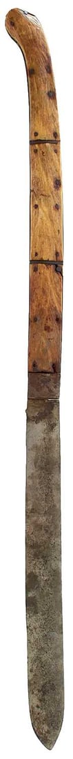 A LARGE LATE 18TH CENTURY FOLDING KNIFE,: 43.5cm blade flaring towards the tip and stamped CARPENTER at the forte, the grips composed from three-large panels of riveted natura; stag's horn on either side. Blade pivots freely with no stop.