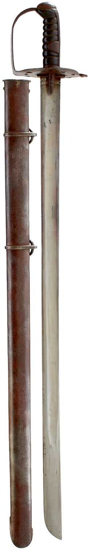 OF PENINSULAR INTEREST - A 1796 PATTERN HEAVY CAVALRY TROOPER'S SWORD TO THE 4TH (ROYAL IRISH): 88.25cm hatchet tipped blade stamped with an Ordnance mark at the forte and BATE on the back edge, regulation steel disc hilt with D-shaped knuckle guard, incised 4DG over C42, ribbed leather covered