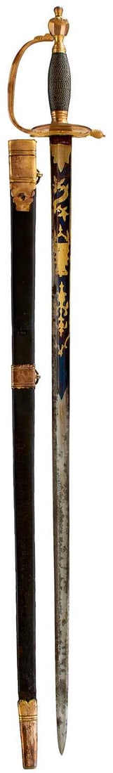 A 1796 PATTERN INFANTRY OFFICER'S SWORD,: 80.5cm fullered blade decorated with foliate sprays, stands of arms, crowned Royal arms, crowned GR cypher and WARRANTED in scroll banner form, all highlighted in gilt on a blued ground, regulation