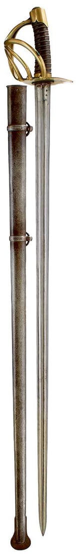 A WATERLOO PERIOD FRENCH CUIRASSIER'S SWORD,: 96cm double fullered blade stamped with three poincons at the forte, the back edge marked Manufre Imple Du Klingenthal Arvril 1810, regulation brass four-bar hilt with a good distribution of four poin