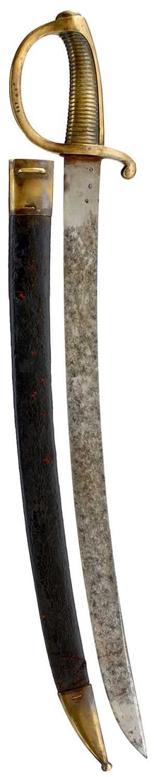 OF WATERLOO INTEREST - A FRENCH INFANTRYMAN'S BRIQUET OR SIDEARM,: 59.5cm curved blade stamped with various poincons to one side of the forte (Lobstein and Bick), further marked with place of manufacture, Klingenthal, on the back edge and dated Octobre 1814, regulati