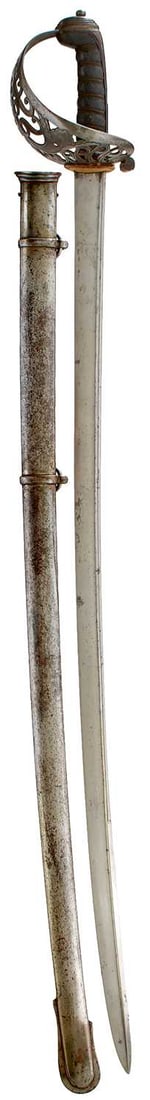 A 1821 PATTERN HEAVY CAVALRY OFFICER'S SWORD,: 91cm curved piped back blade with spear point, sharpened for use, regulation pierced steel hilt, stepped pommel, wire bound fishskin grip, in its steel scabbard.