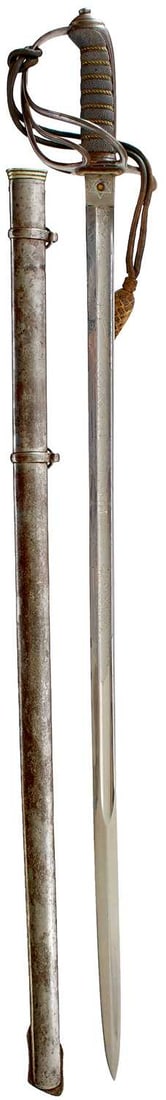 A CLEAN VICTORIAN ROYAL ARTILLERY OFFICER'S SWORD,: 85.75cm clean fullered blade by WKC, retailed by Daniels of Woolwich, etched with scrolling foliage, regimental title and motifs, crowned Royal arms and VR cypher, regulation three-bar steel hilt, wir