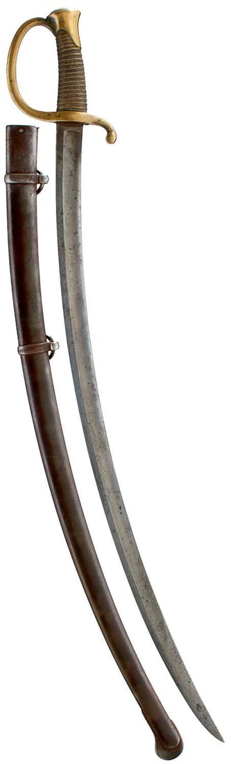 OF CRIMEAN AND AMERICAN CIVIL WAR INTEREST - A FRENCH MODEL 1840 ARTILLERY SABRE,: 81cm sharply curved fullered blade with manufacture details on the back edge, Chatellerault Juillet 1846, regulation brass hilt with D-shaped knuckle guard, stamped with various poincons, wire bound l