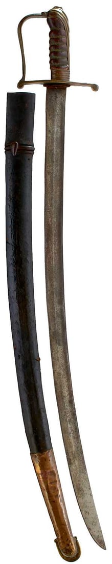A 19TH CENTURY INDIAN CAVALRY TROOPER'S SABRE,: 76cm curved fullered blade struck with a mark at the forte, Continental style military brass hilt with D-shaped knuckle guard, in its iron and brass mounted leather wrapped wooden scabbard.