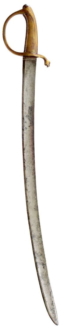 A RUSSIAN MODEL 1817 INFANTRYMAN'S SWORD OR SIDEARM,: 68.75cm curved blade stamped with a B at the forte and dated 1827, regulation brass hilt with D-shaped knuckle guard and ribbed brass grip.