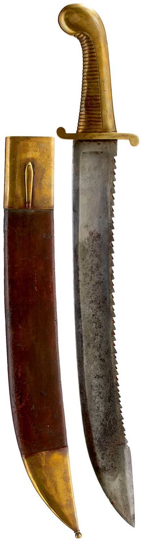 A RUSSIAN PIONEER'S SIDEARM,: 50.25cm curved fullered saw backed blade with various arsenal stamps to the forte, regulation cast brass hilt with ribbed grip, the recurved guard stamped 1828 TM AG, in its brass mounted leather wrap