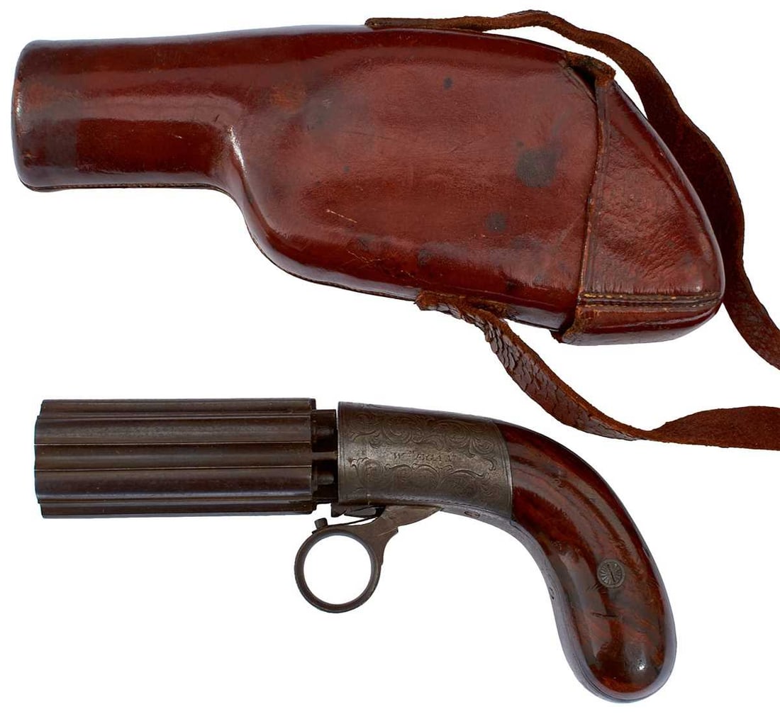 A 100-BORE SIX-SHOT PERCUSSION PEPPERBOX REVOLVER AND CAMPAIGN HOLSTER ENSEMBLE,: 3.5inch fluted barrels, border and scroll engraved rounded action marked COOPER'S PATENT to the top and Wm EGAN to the left side, two-piece bag-shaped wooden grips, in its scarce fitted leather
