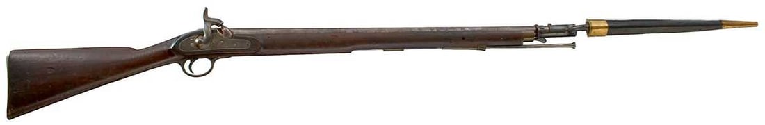 OF CRIMEAN WAR INTEREST - A .650 CALIBRE PERCUSSION LAND TRANSPORT CORPS CARBINE AND BAYONET,: 26.75inch sighted barrel stamped with an arrow over TP at the breech, border engraved lock dated 1855 over TOWER and stamped with a crown over VR at the tail, full stock stamped BO and III.C.R. to the
