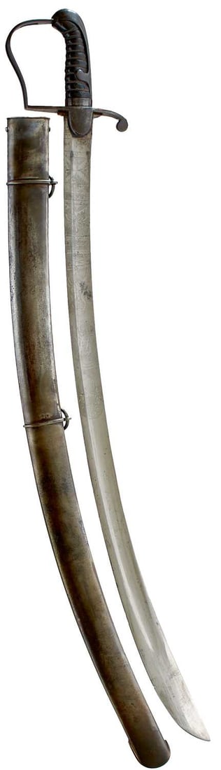 A 1796 PATTERN LIGHT CAVALRY OFFICER'S SWORD OF SHEFFIELD INTEREST,: 83cm curved clean blade frost etched with scrolling foliage, crowned figure of Britannia surmounting the initials I.D.V, oak leaf wreath, mounted cavalry officer, crowned GR cypher and owner's name An