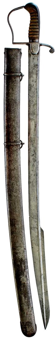 A 1796 PATTERN LIGHT CAVALRY OFFICER'S SWORD,: 89cm slightly curved pipe-backed blade with spear point, etched with a maker's panel GILL'S WARRANTED, regulation steel stirrup hilt, wire bound fishskin grip, in its steel scabbard with maker's panel